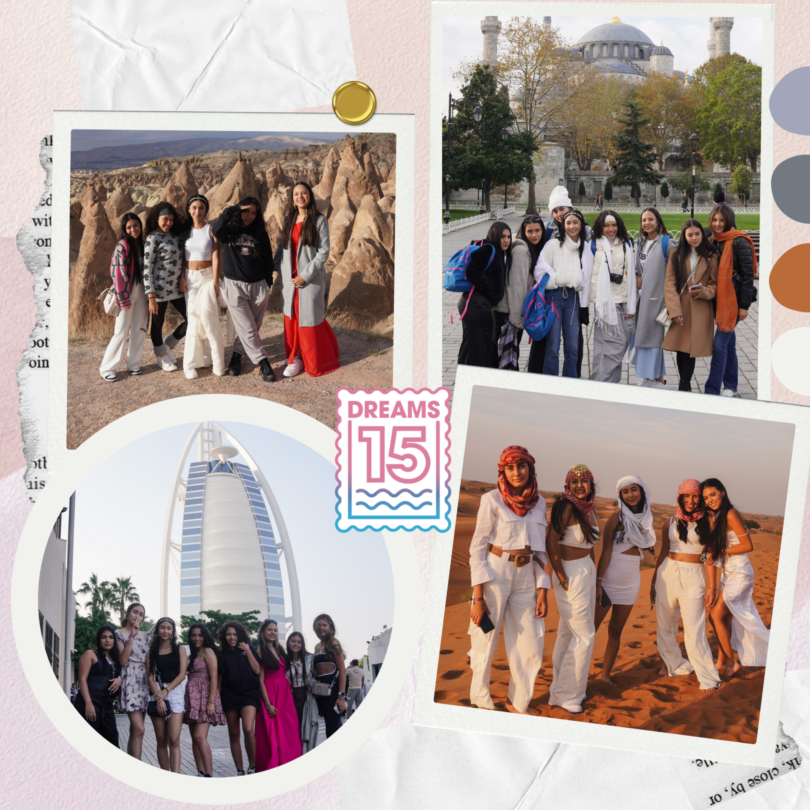 Collage de momentos de excursión quinceañeras con Dreams 15 Turquía Dubái